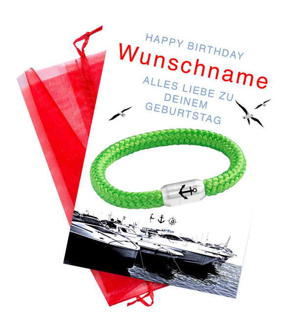 Dein Segeltau Armband, Glückwunschkarte, Geburtstag, Wunschname, Anker Gravur, Magnetverschluss