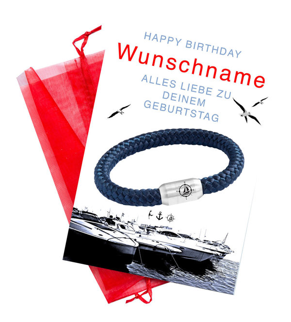 Dein Segeltau Armband, Glückwunschkarte, Geburtstag, Wunschname, Yacht Club Kompass Gravur
